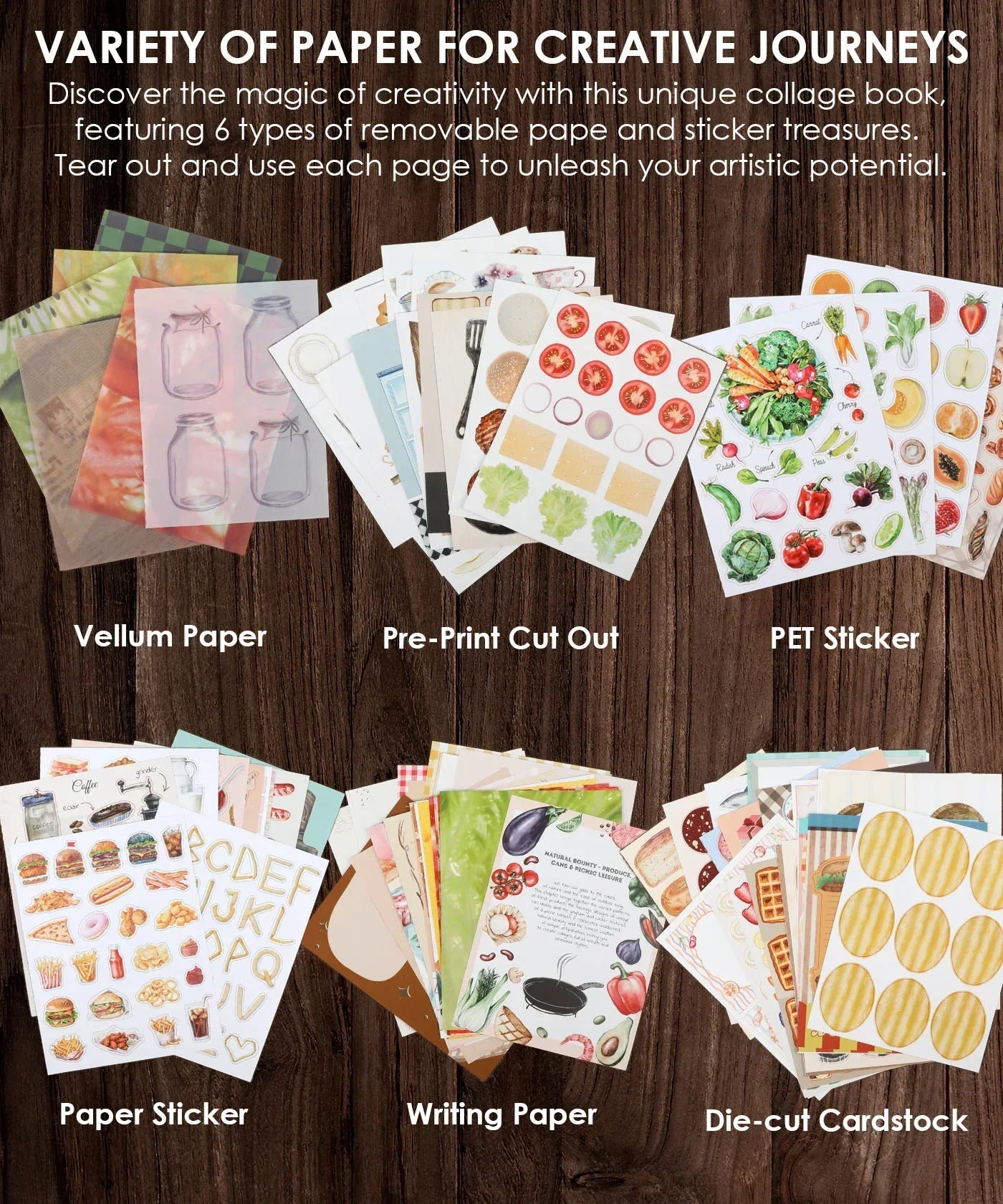 Assorted creative papers and stickers including vellum, writing, cardstock for 200+ Pages The Flavor Folio Collage Activity Book