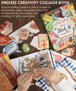 Hands creating a food-themed collage using 200+ Pages The Flavor Folio Collage Activity Book on wooden table