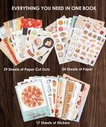 Open display of colorful food-themed paper cutouts, sheets, and stickers for 200+ Pages The Flavor Folio Collage Activity Book