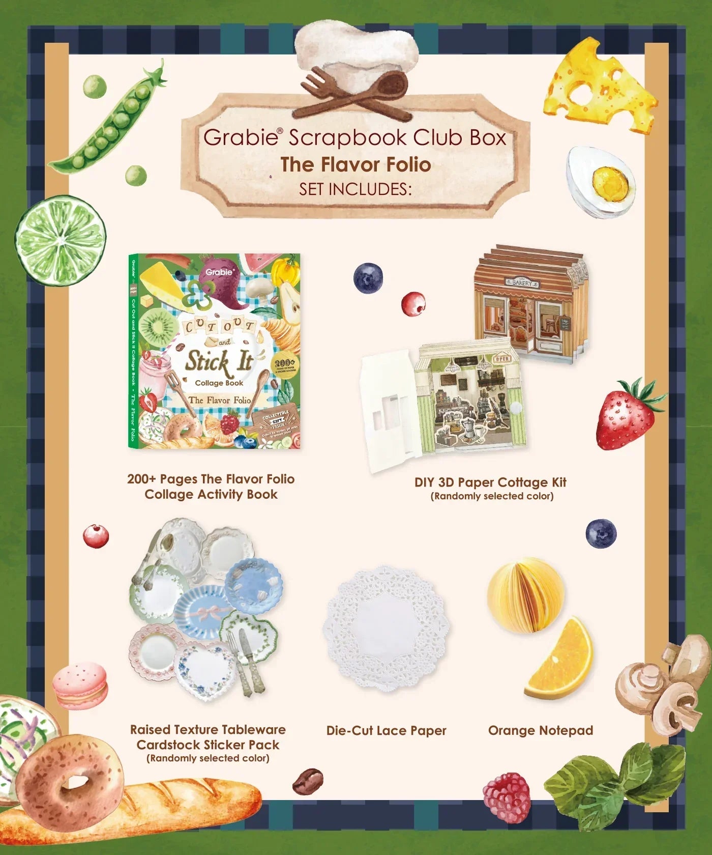 The Flavor Folio-Themed Grabie Scrapbook Club Box with collage book, 3D paper kit, stickers, lace paper, and notepad