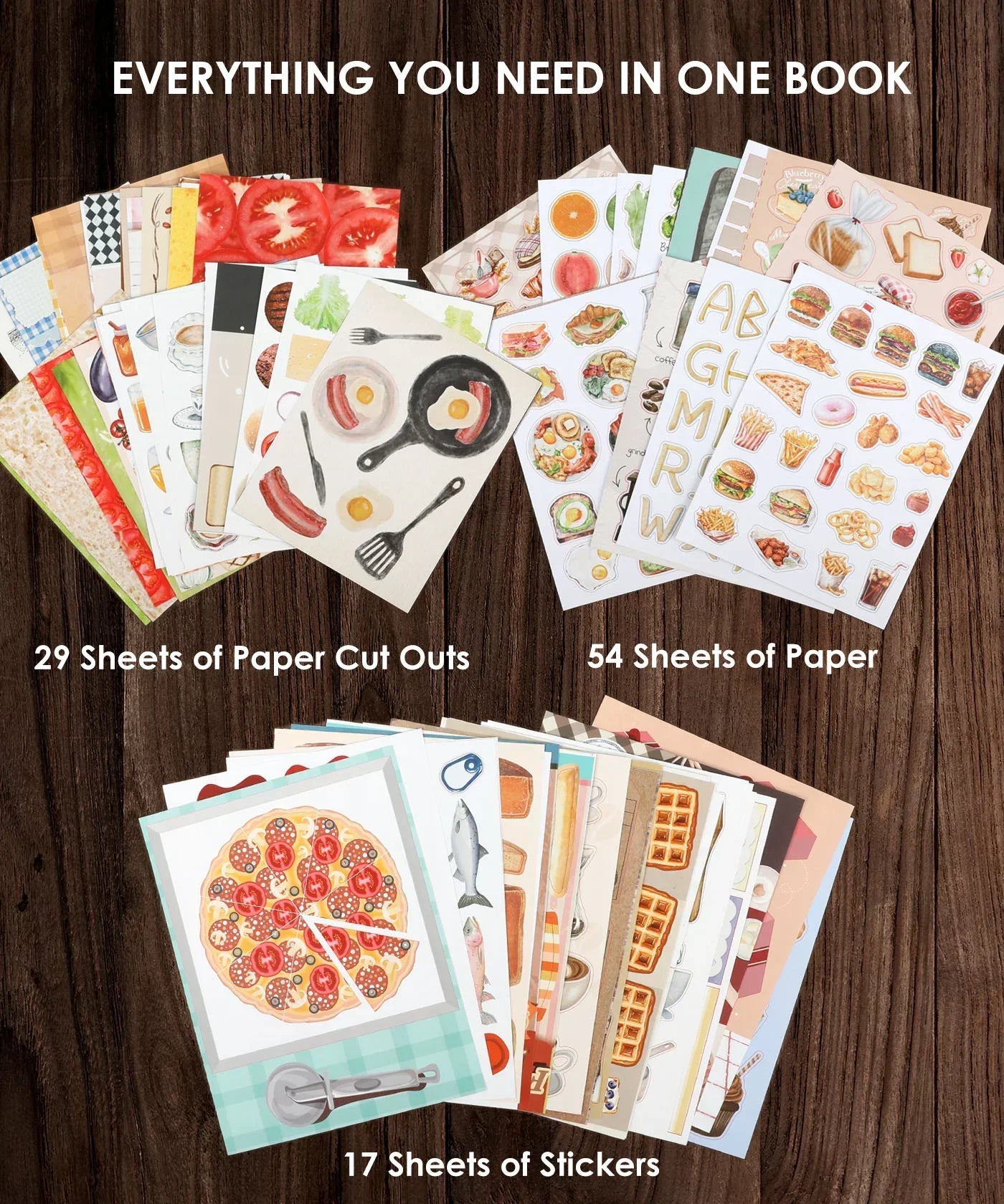 The Flavor Folio-Themed Grabie Scrapbook Club Box showing various food-themed paper sheets and stickers on a wood background.