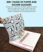 Open scrapbook with colorful patterned papers and lined pages for journaling in The Flavor Folio-Themed Grabie Scrapbook Club Box