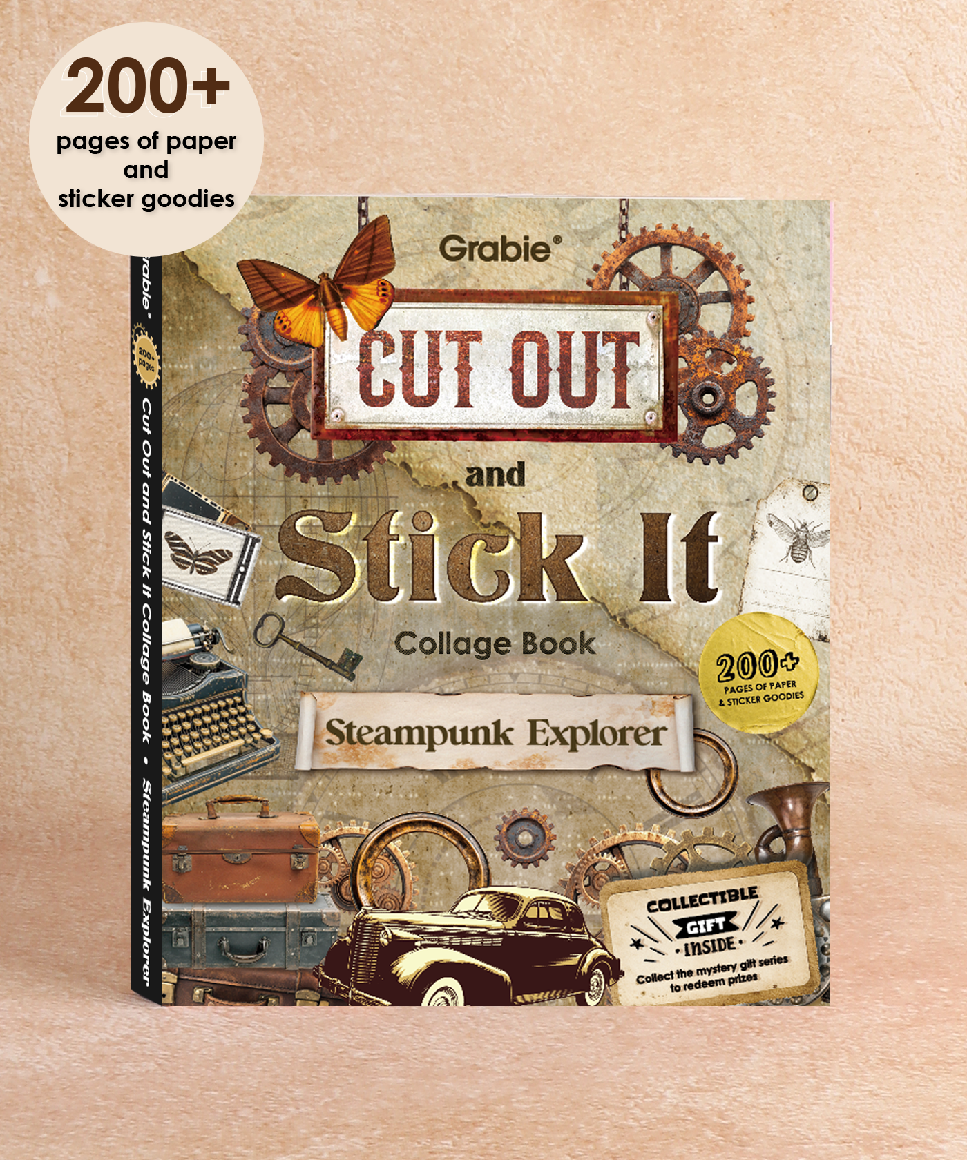 Steampunk Explorer-Themed Grabie Scrapbook Club Box featuring collage book with vintage gears, butterfly, car, and art supplies theme