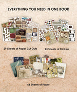 Vintage-style paper cutouts, stickers, and decorative sheets included in the Grabie Scrapbook Club Box for art supplies.