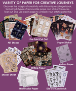 Various paper types and stickers including PET, watercolor, vellum, and die-cut cardstock in 200+ Pages The Mystic Realm Collage Activity Book.
