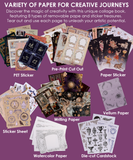 Various paper types and stickers including PET, watercolor, vellum, and die-cut cardstock in 200+ Pages The Mystic Realm Collage Activity Book.