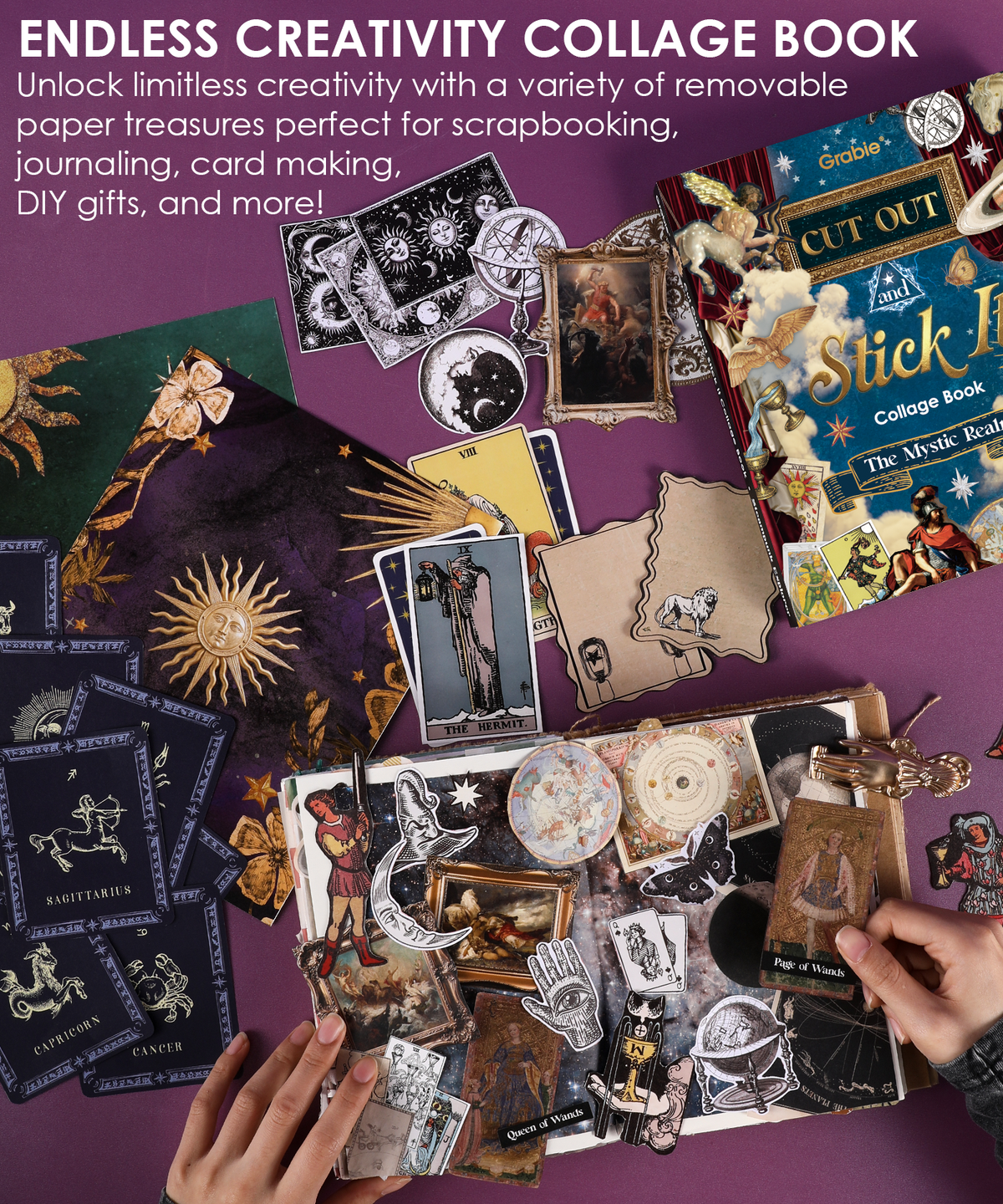 Hands arranging mystical-themed paper cutouts and cards from 200+ Pages The Mystic Realm Collage Activity Book for scrapbooking.