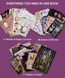 Open display of 17 sheets of cutouts, 28 sticker sheets, and 71 paper sheets from 200+ Pages The Mystic Realm Collage Activity Book