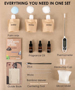 Scent Candle DIY Set with palm wax, fragrance oils, thermometer, wick, stick, measuring cup, mold, and guide book.