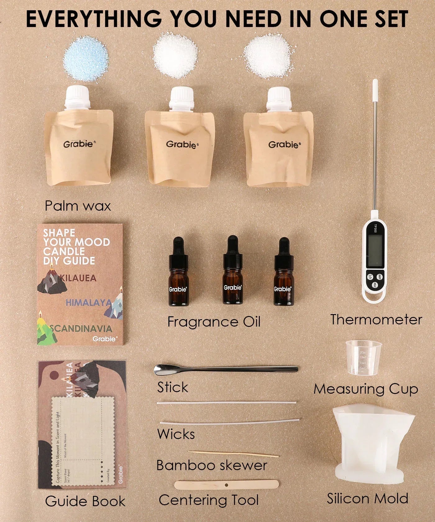 Scent Candle DIY Set with palm wax, fragrance oils, thermometer, wick, stick, measuring cup, mold, and guide book.