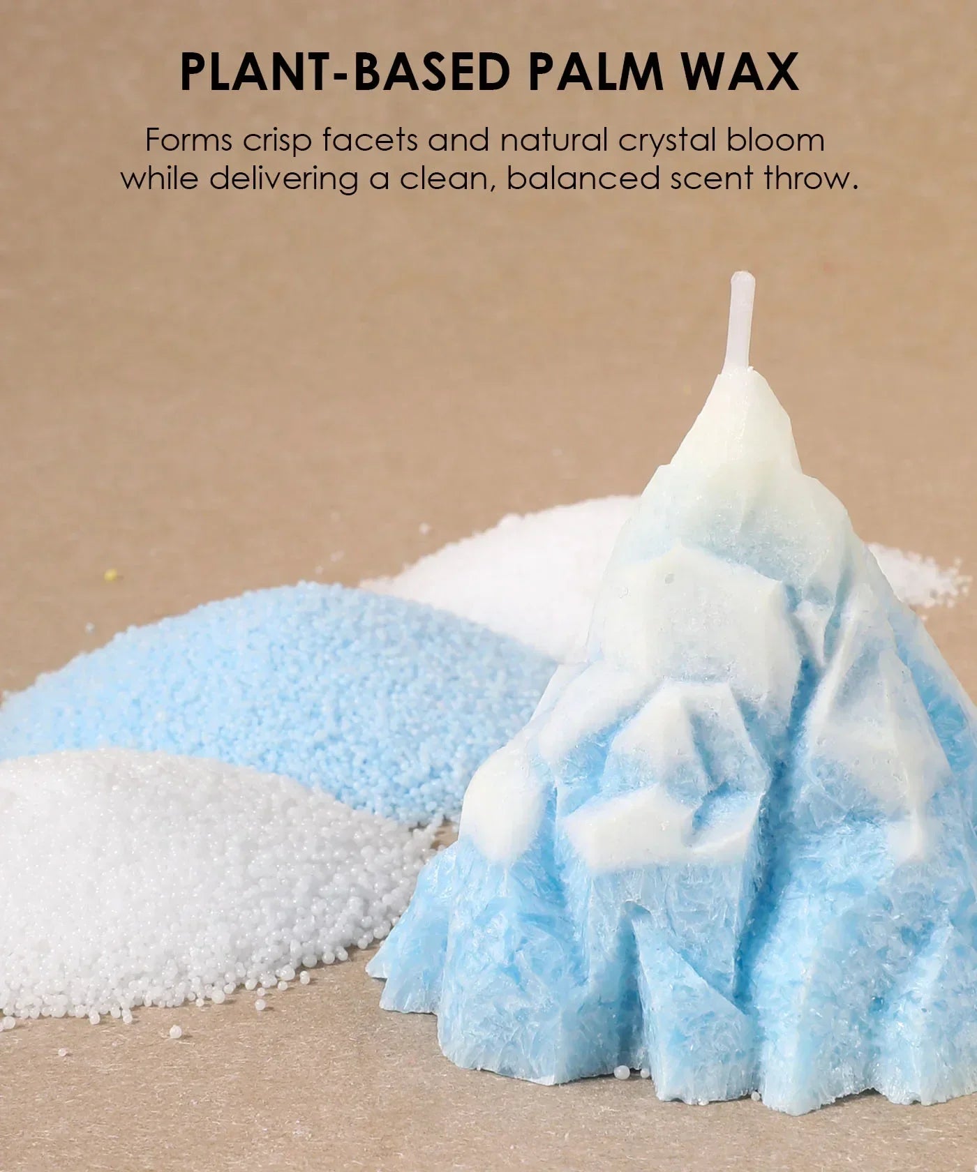 Scent Candle DIY Set featuring blue and white plant-based palm wax granules with a crystal-patterned candle shape.