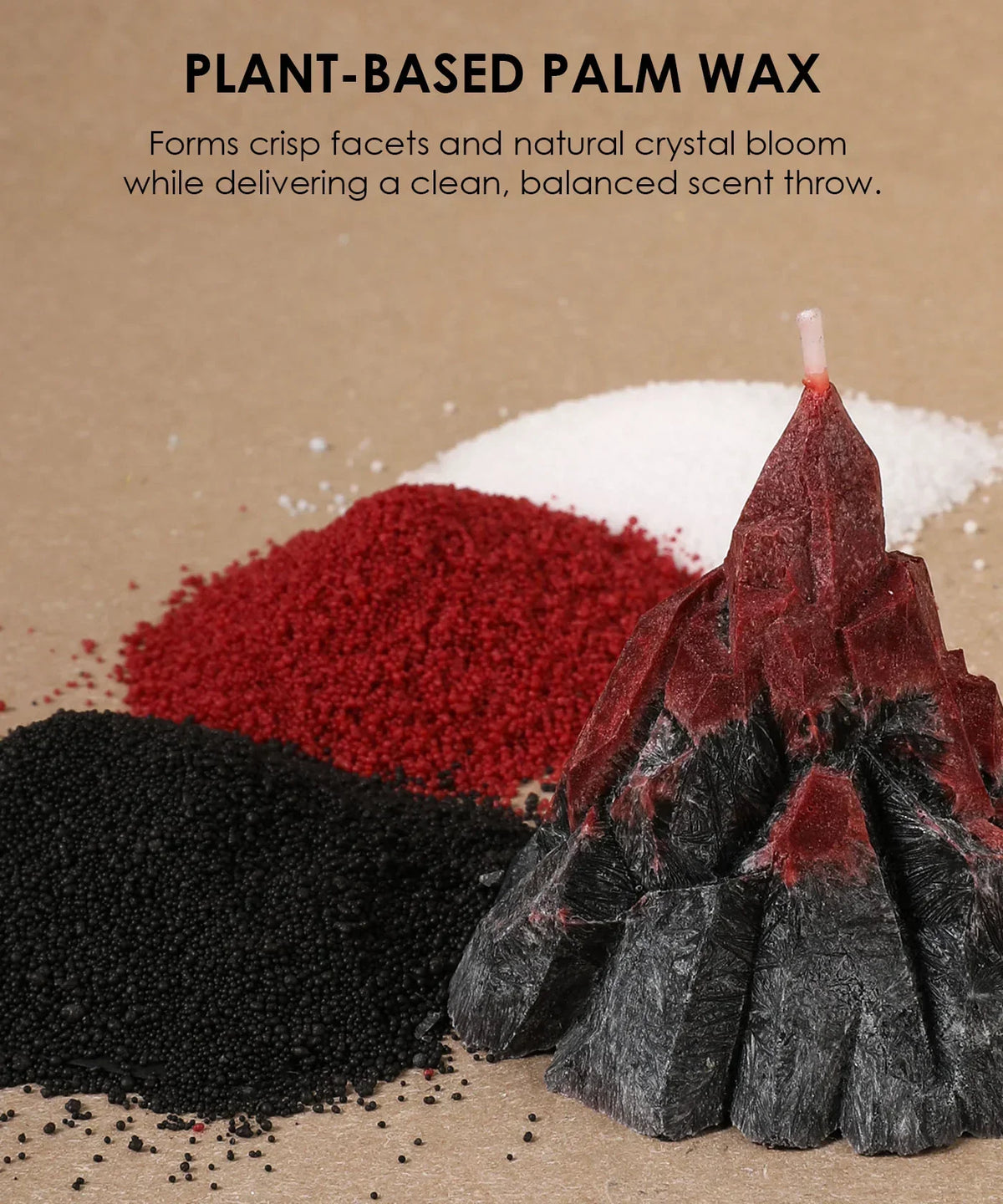 Scent Candle DIY Set showing a mountain-shaped candle by piles of white, red, and black plant-based palm wax granules