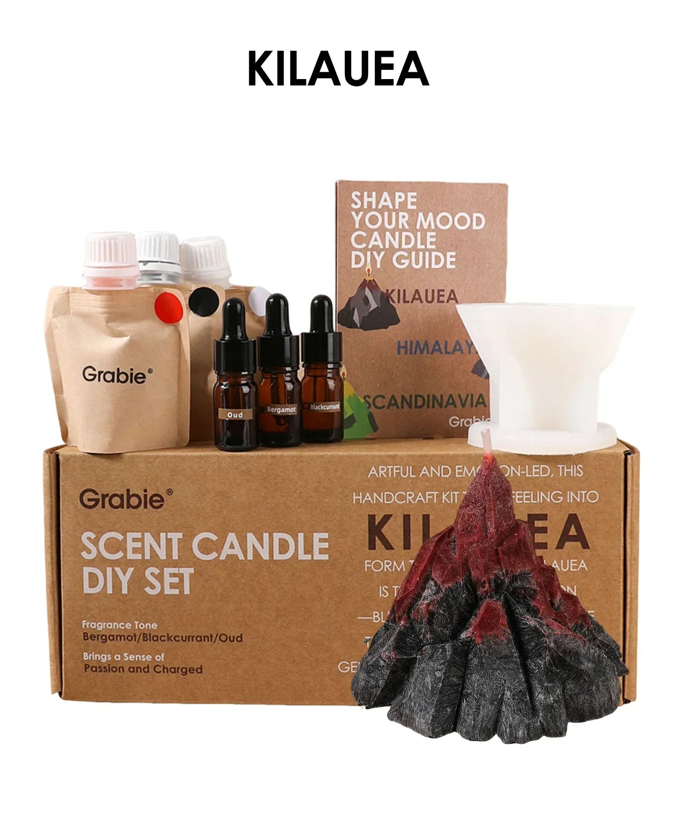 Scent Candle DIY Set with fragrance oils, wick, pouring funnel, and volcano-shaped candle mold kit