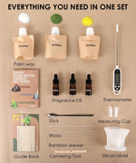 Scent Candle DIY Set with palm wax, fragrance oils, thermometer, wicks, bamboo skewer, stick, centering tool, and guide book