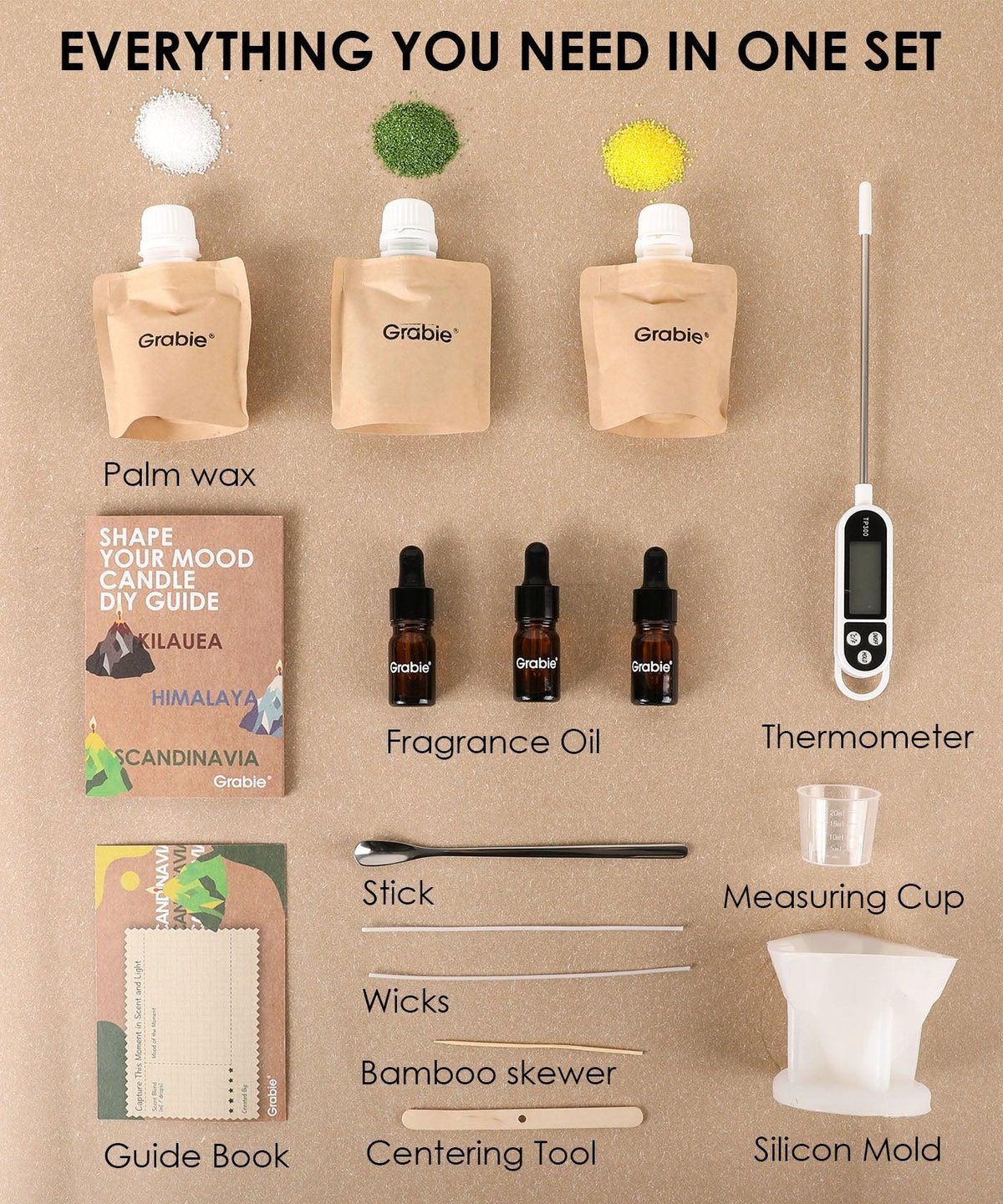 Scent Candle DIY Set with palm wax, fragrance oils, thermometer, wicks, bamboo skewer, stick, centering tool, and guide book