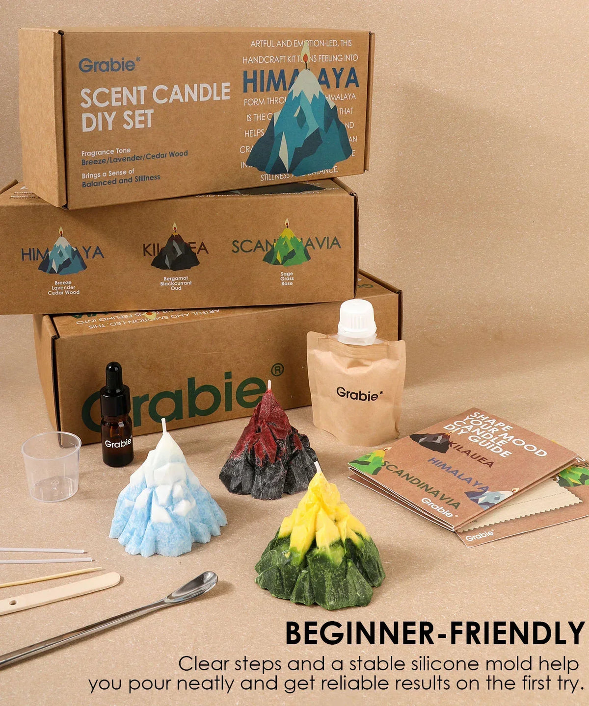 Scent Candle DIY Set with colorful mountain-shaped candles, fragrance oils, and crafting tools for beginners.
