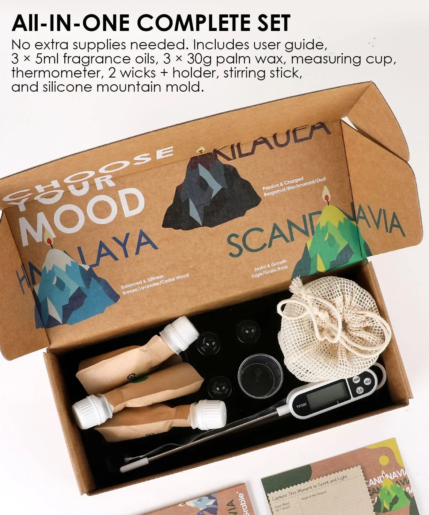 Scent Candle DIY Set with fragrance oils, palm wax, thermometer, wicks, holder, stirring stick, and silicone mold in box