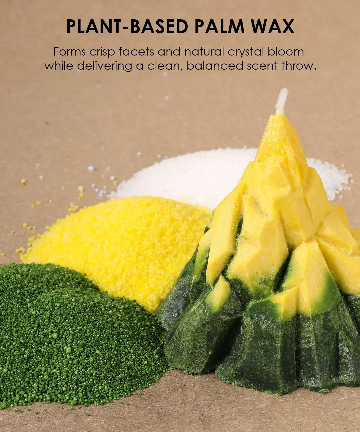 Scent Candle DIY Set showing yellow and green palm wax granules next to a textured yellow and green candle.