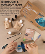 Hands pouring wax into candle mold next to packaging and guide for Scent Candle DIY Set craft kit