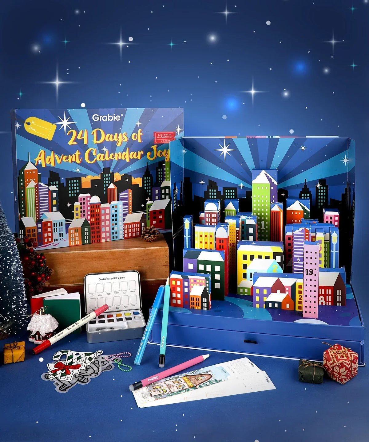 2025 Limited Edition Holiday Advent Calendar featuring colorful cityscape design with art supplies for creative joy