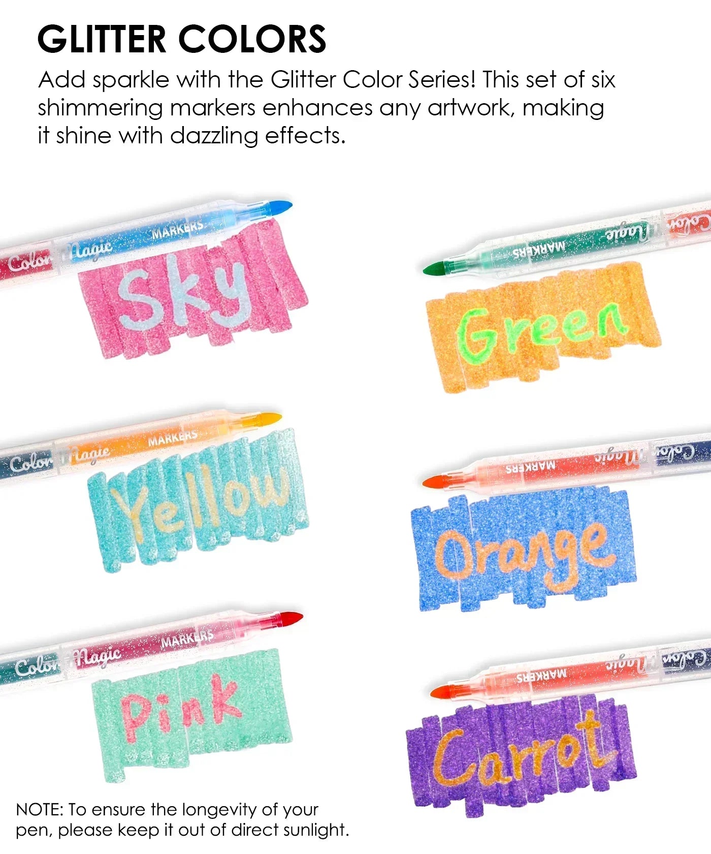 Color Magic Layering Marker Set for Wholesale with six glitter colors including sky, green, yellow, orange, pink, and carrot shades