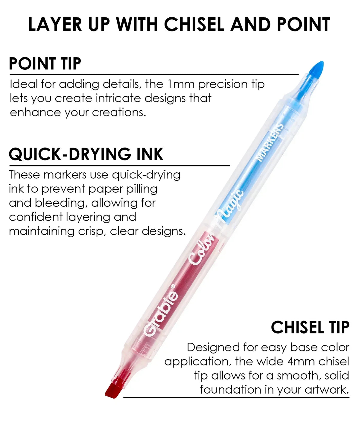Color Magic Layering Marker Set for Wholesale with dual chisel and 1mm point tips, quick-drying ink for detailed art projects.