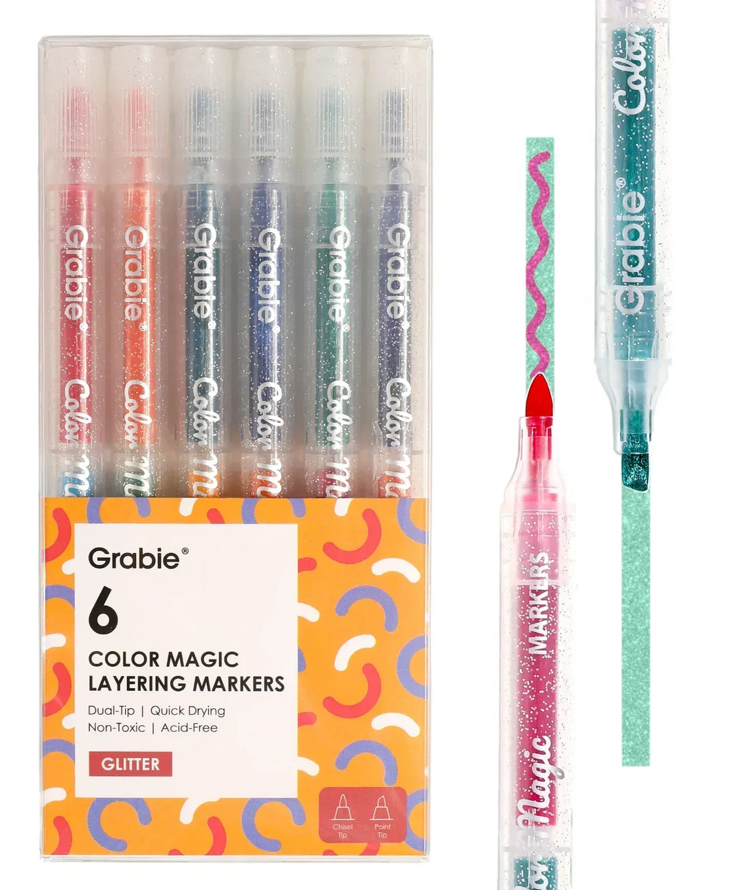 Color Magic Layering Marker Set for Wholesale with six glitter dual-tip layering markers in assorted colors for art supplies.