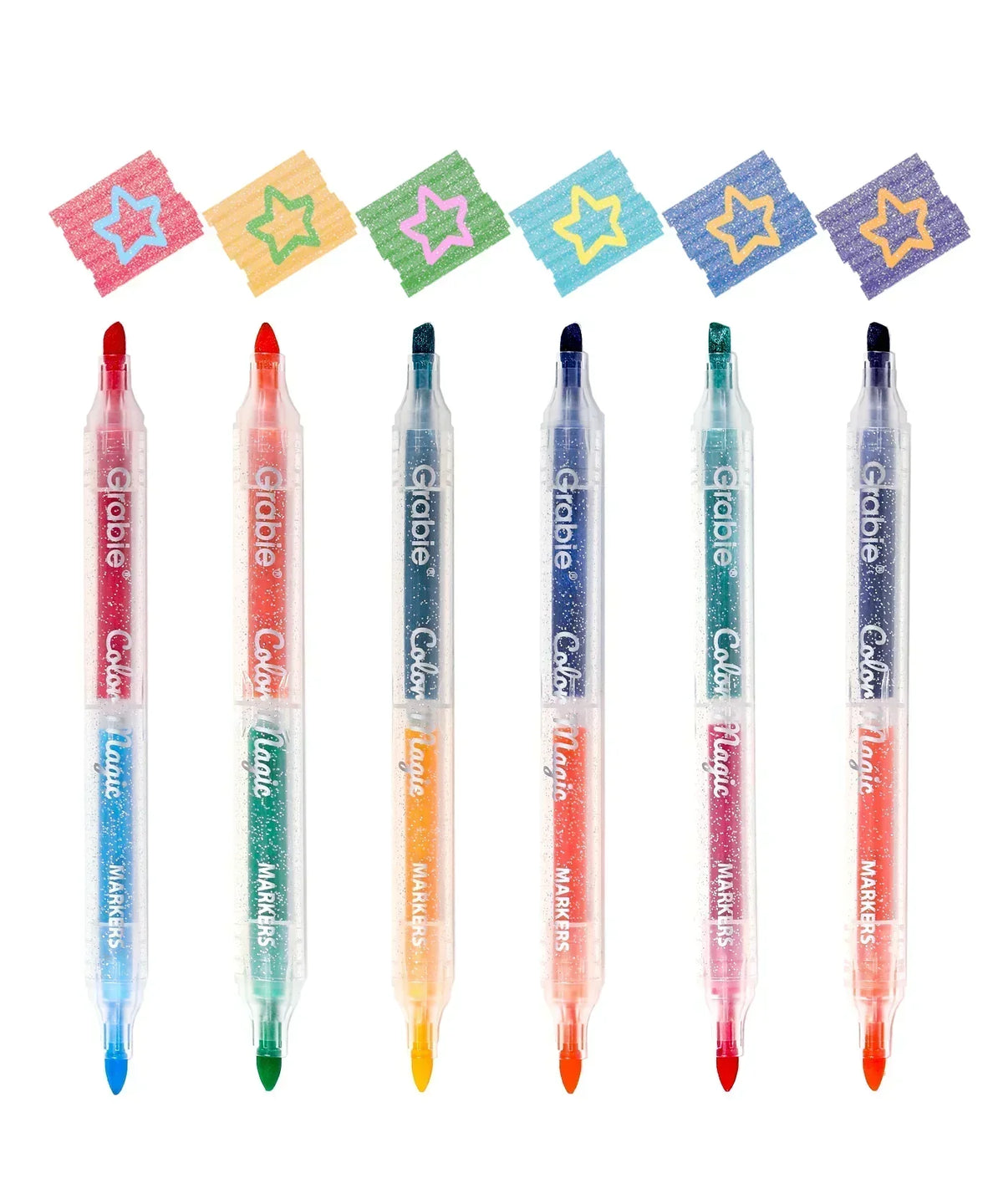 Color Magic Layering Marker Set for Wholesale with six dual-tip colorful markers and layered star art samples.