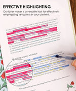 Hand highlighting text in a book using Color Magic Layering Marker Set for Wholesale showcasing vibrant pink, blue, and yellow colors.