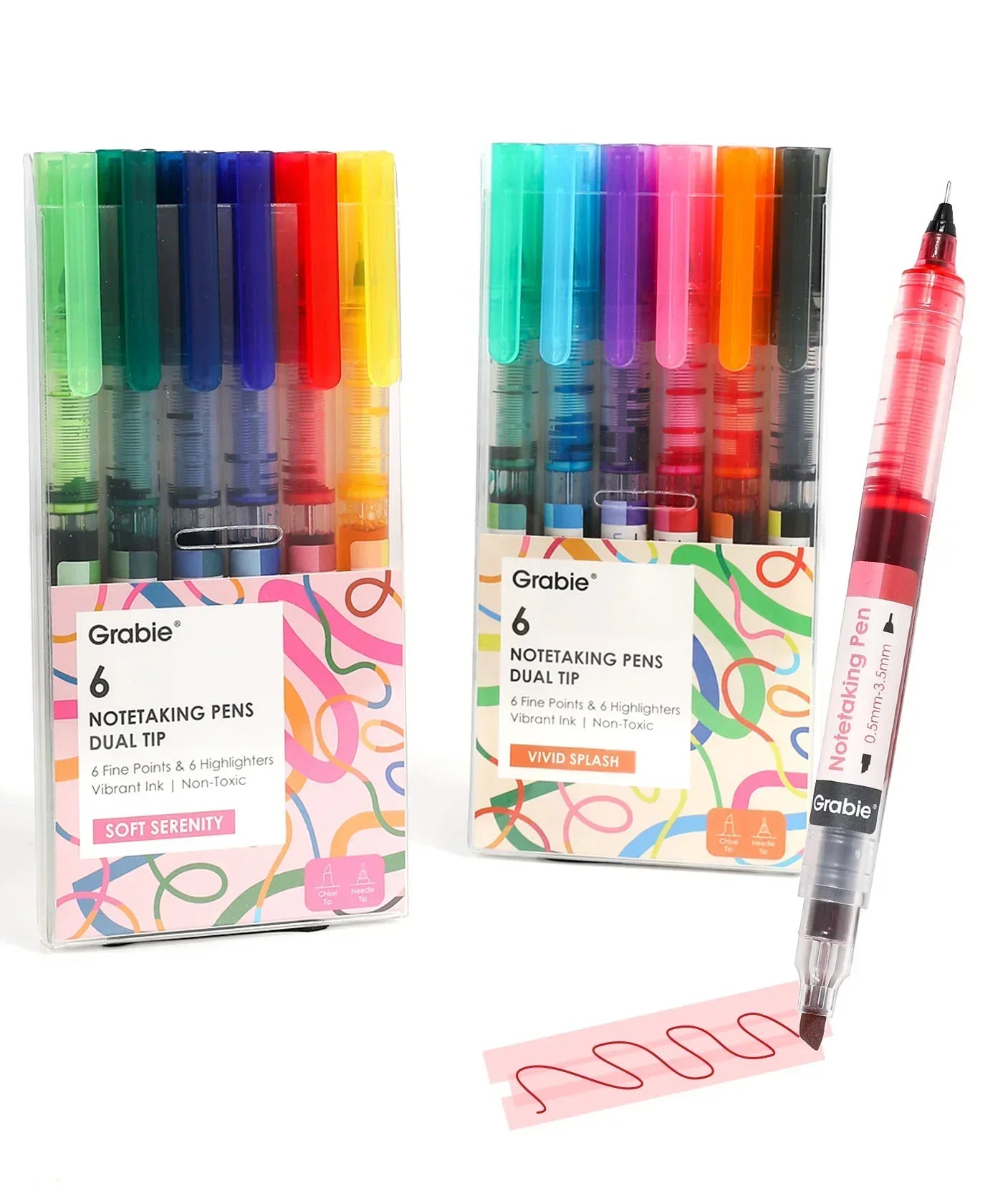 Dual-Tip Notetaking Pen Set Of 6 with vibrant colors including pink, orange, blue, and green markers displayed in packaging.