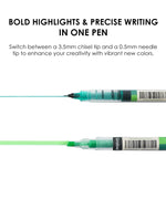 Dual-Tip Notetaking Pen Set Of 6 showing fine 0.5mm and bold 3.5mm chisel tips for writing and highlighting