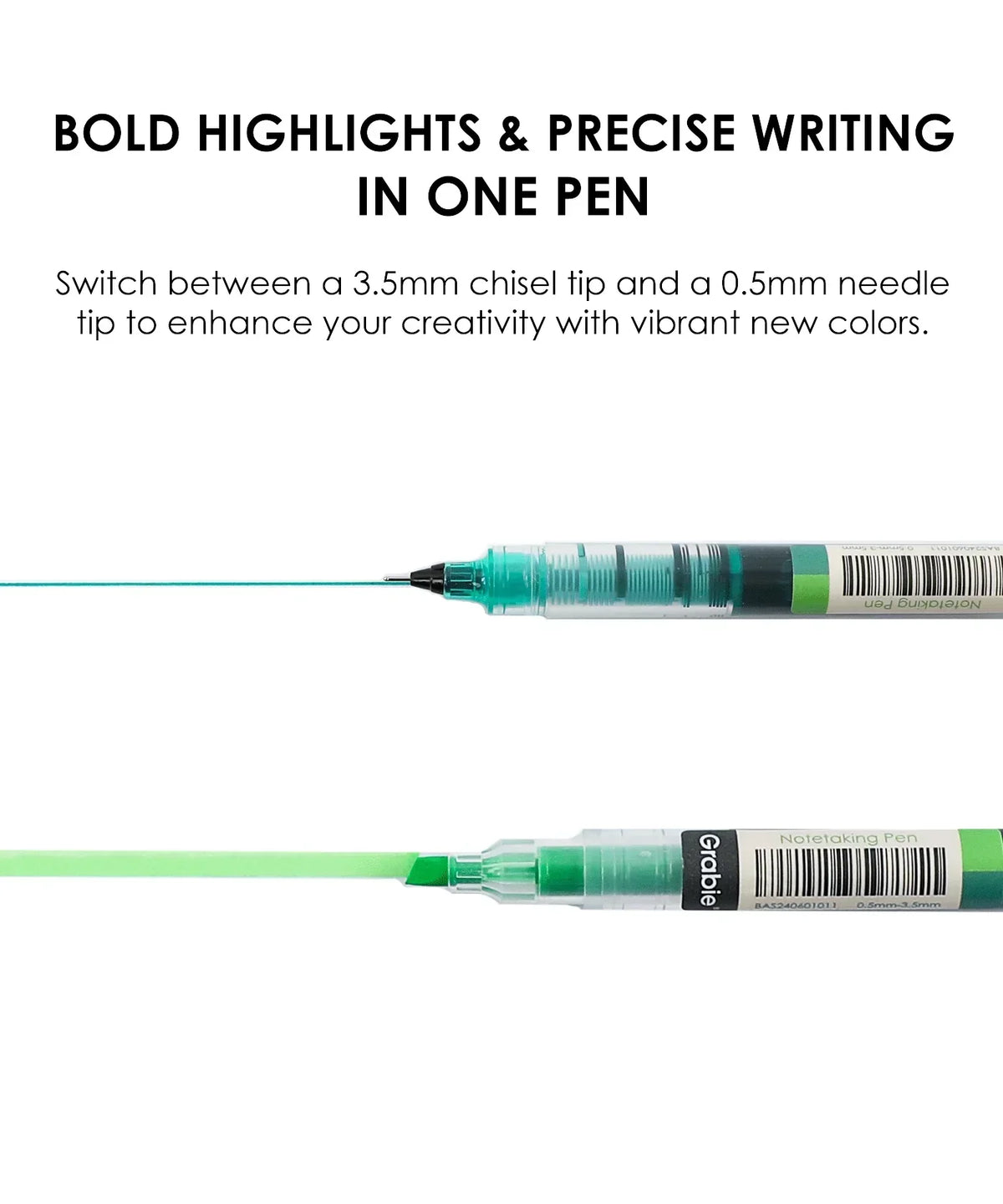 Dual-Tip Notetaking Pen Set Of 6 showing fine 0.5mm and bold 3.5mm chisel tips for writing and highlighting