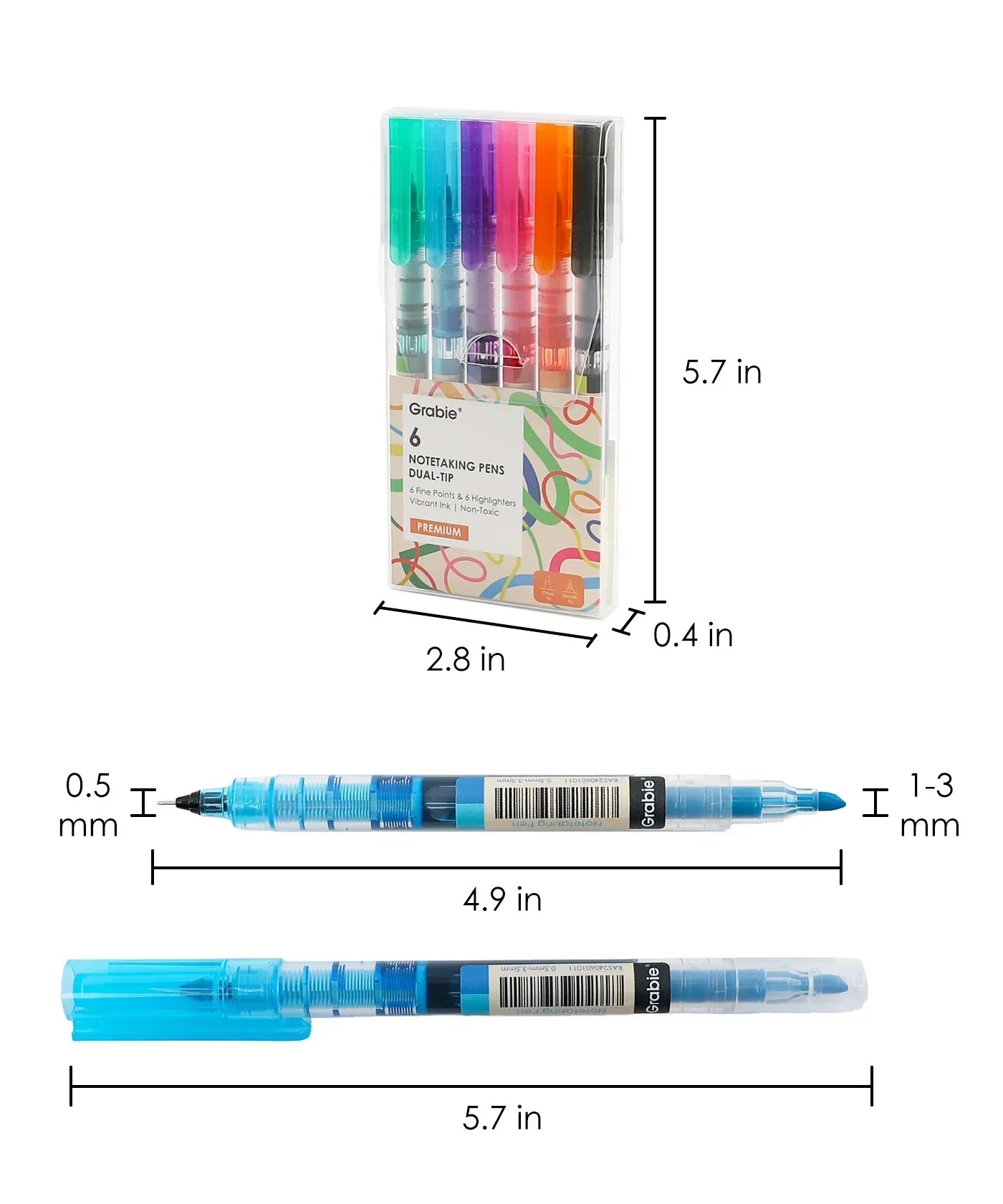 Dual-Tip Notetaking Pen Set Of 6 with assorted colors and fine and brush tips for journaling and note-taking