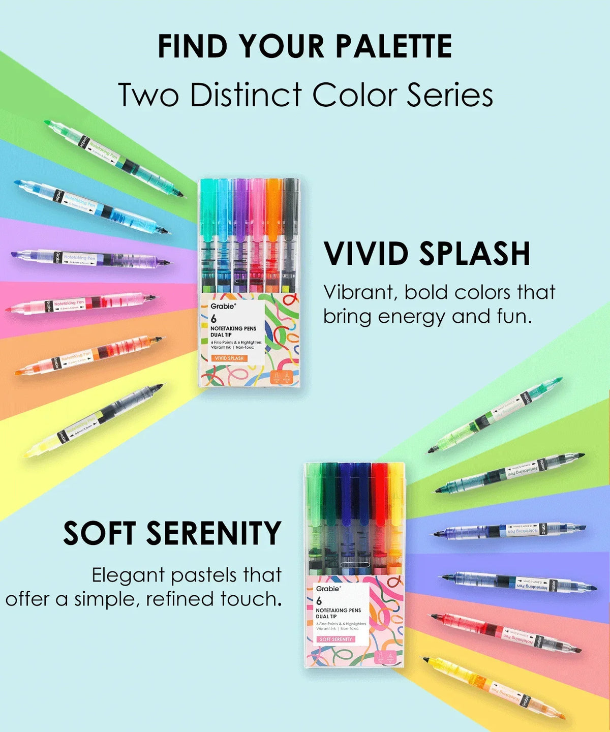 Dual-Tip Notetaking Pen Set Of 6 with two color series: vivid splash and soft serenity pastel pens.