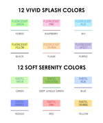 Color chart showcasing 12 vivid splash colors and 12 soft serenity shades for Dual-Tip Notetaking Pen Set Of 6.