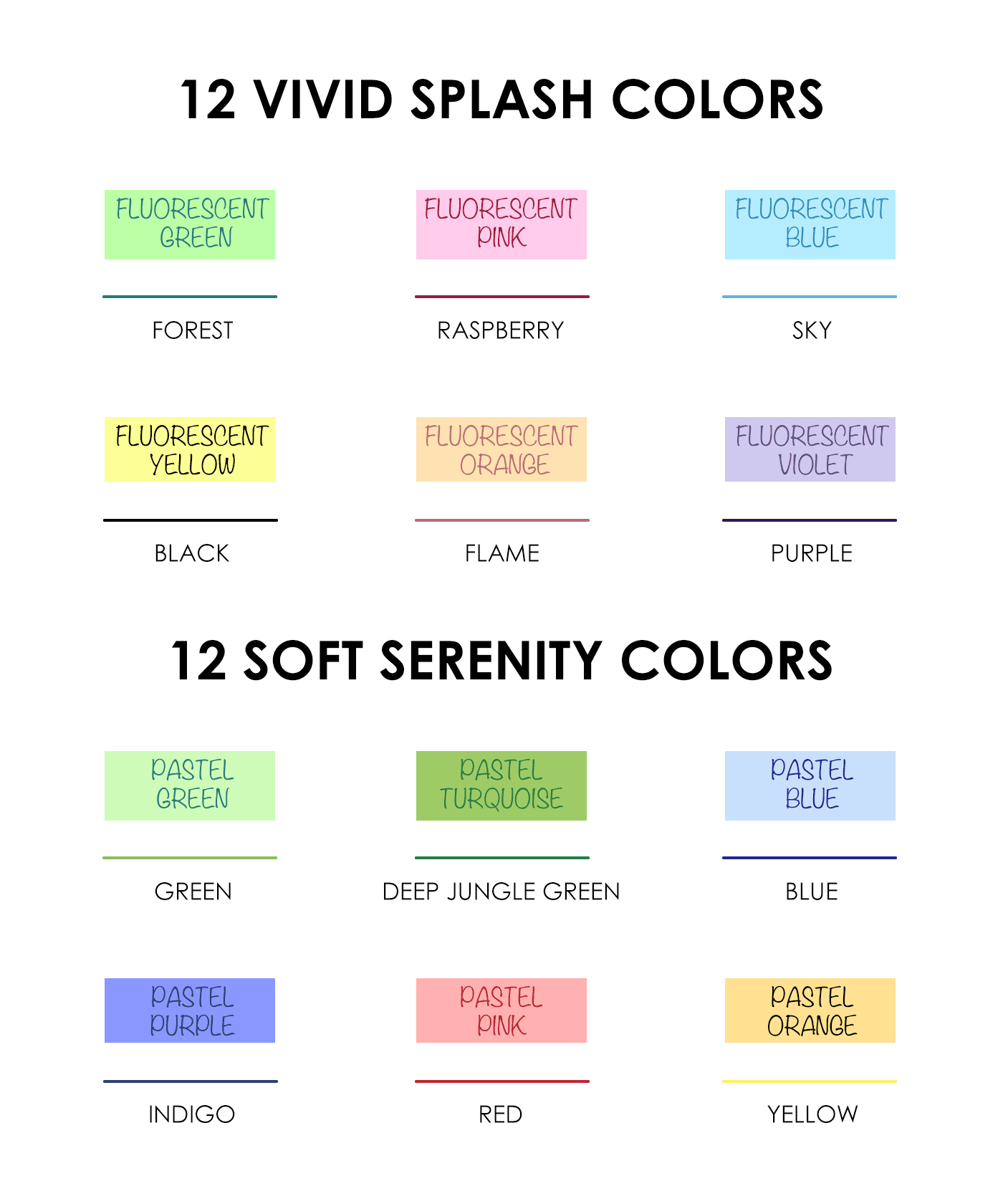 Color chart showcasing 12 vivid splash colors and 12 soft serenity shades for Dual-Tip Notetaking Pen Set Of 6.