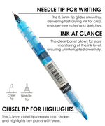 Dual-Tip Notetaking Pen Set Of 6 showing clear barrel with needle tip and chisel tip for versatile writing and highlighting.