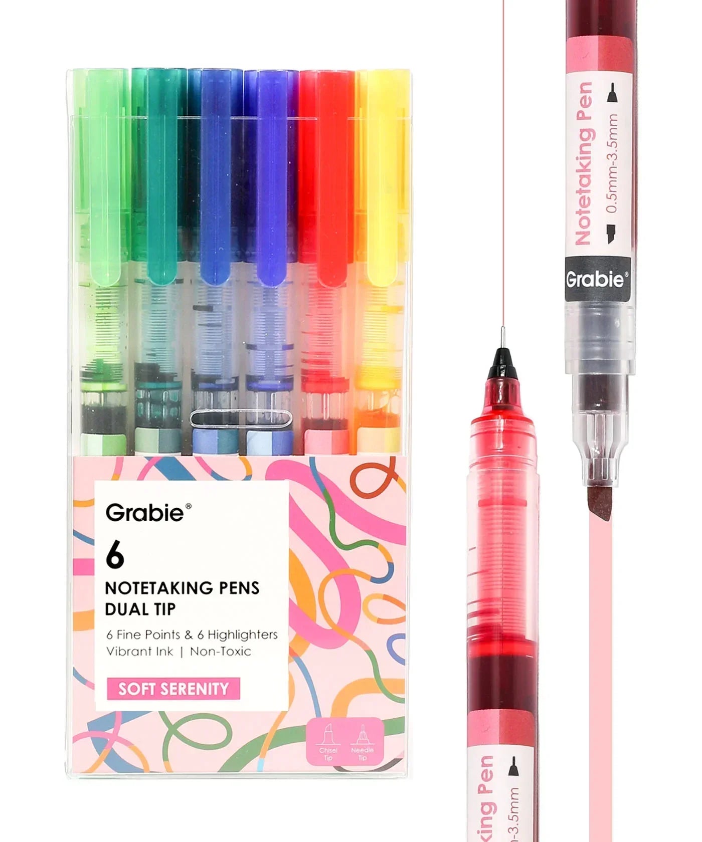 Dual-Tip Notetaking Pen Set Of 6 with vibrant colored ink, fine and highlighter tips for art, journaling, and note-taking.