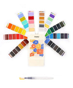 Foldable Watercolor Set Of 56 With 140LB Watercolor Coloring Bookmarks showing vibrant colors with floral case and water brush pen