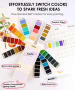 Foldable Watercolor Set Of 56 With 140LB Watercolor Coloring Bookmarks showing vibrant pans, palette, swatch sheet and water brush pen