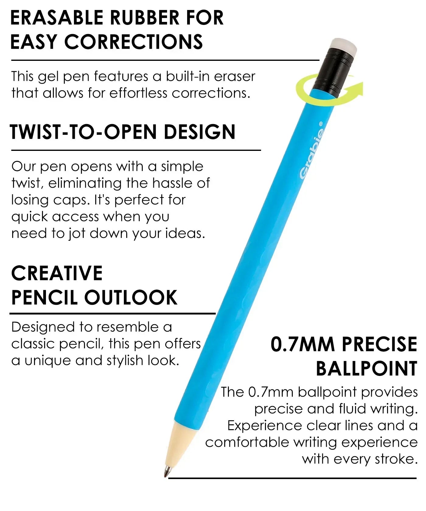 Blue Medium Point Erasable Gel Pen Set with built-in eraser, twist-to-open design, and 0.6mm precise ballpoint tip