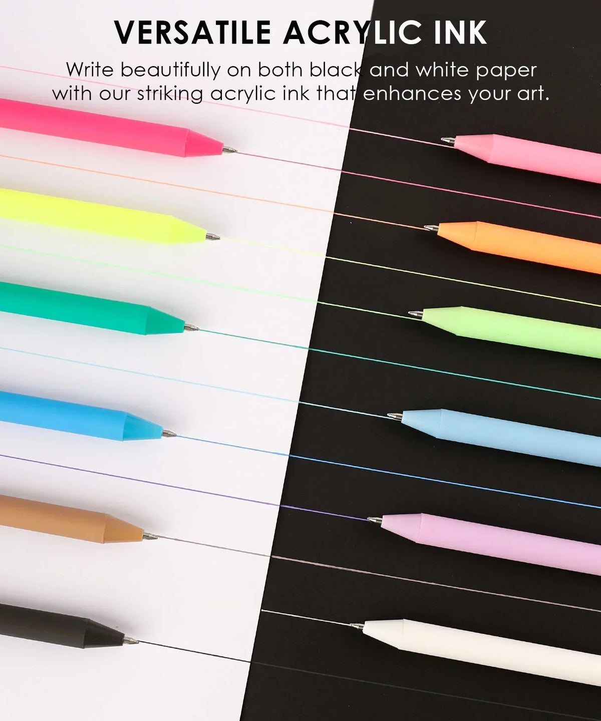 Retractable Colorflow Acrylic Gel Pen Set of 12 showing vibrant ink on black and white paper for art and journaling