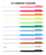 Retractable Colorflow Acrylic Gel Pen Set of 12 displaying 12 vibrant colors neatly lined up with color labels.