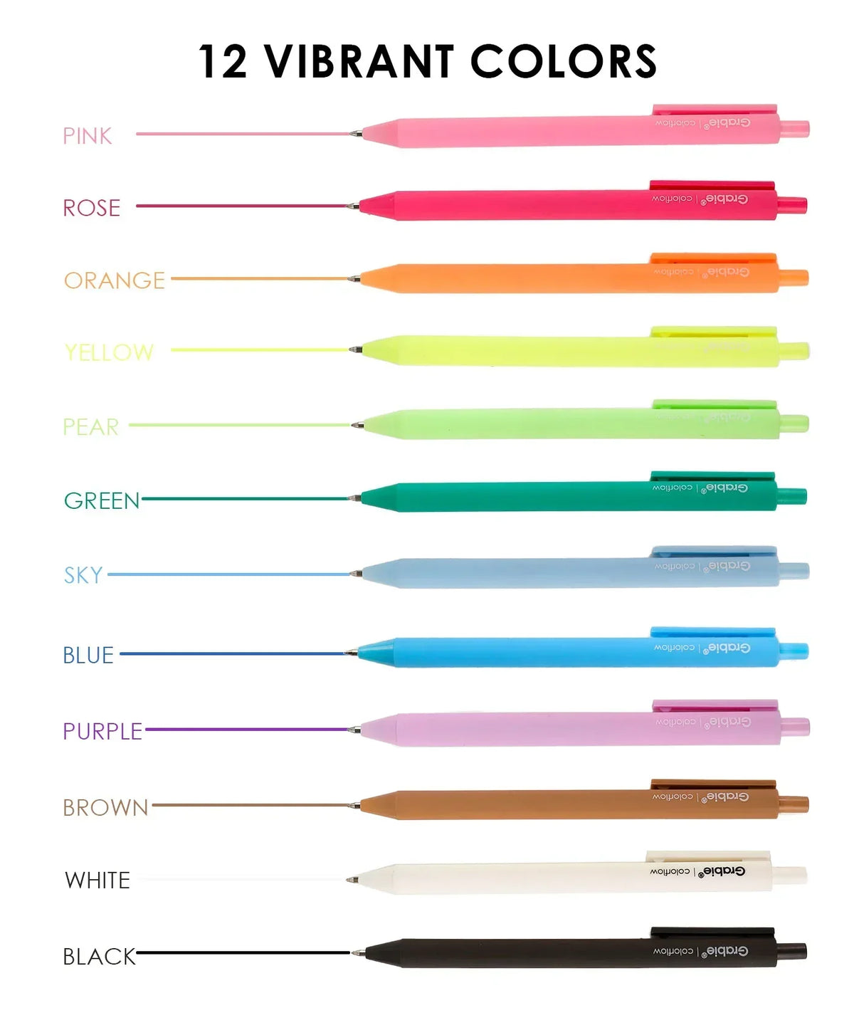 Retractable Colorflow Acrylic Gel Pen Set of 12 displaying 12 vibrant colors neatly lined up with color labels.