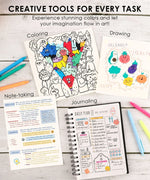 Retractable Colorflow Acrylic Gel Pen Set of 12 shown with colorful drawings, notes, and journal pages on a wooden table.