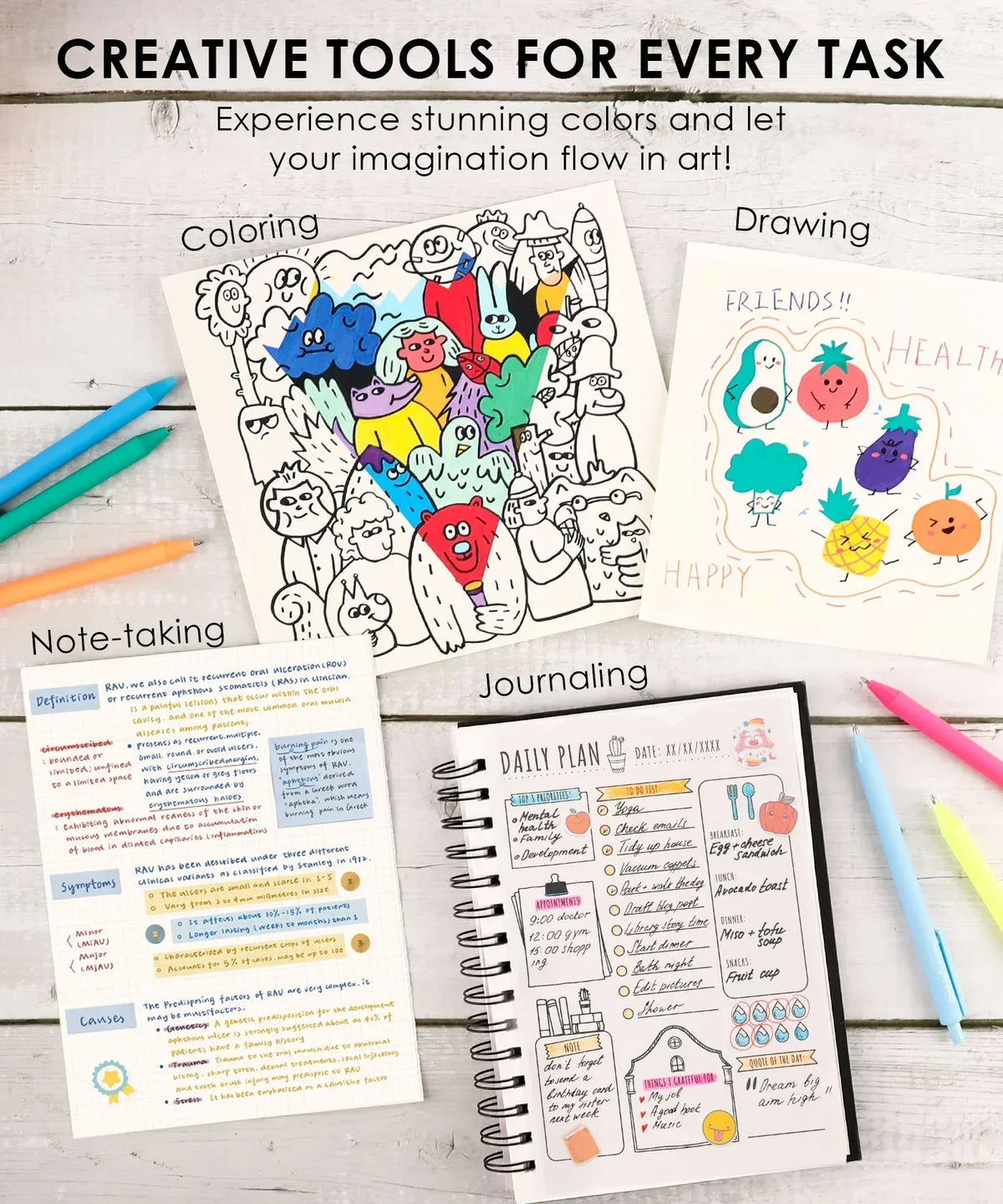 Retractable Colorflow Acrylic Gel Pen Set of 12 shown with colorful drawings, notes, and journal pages on a wooden table.
