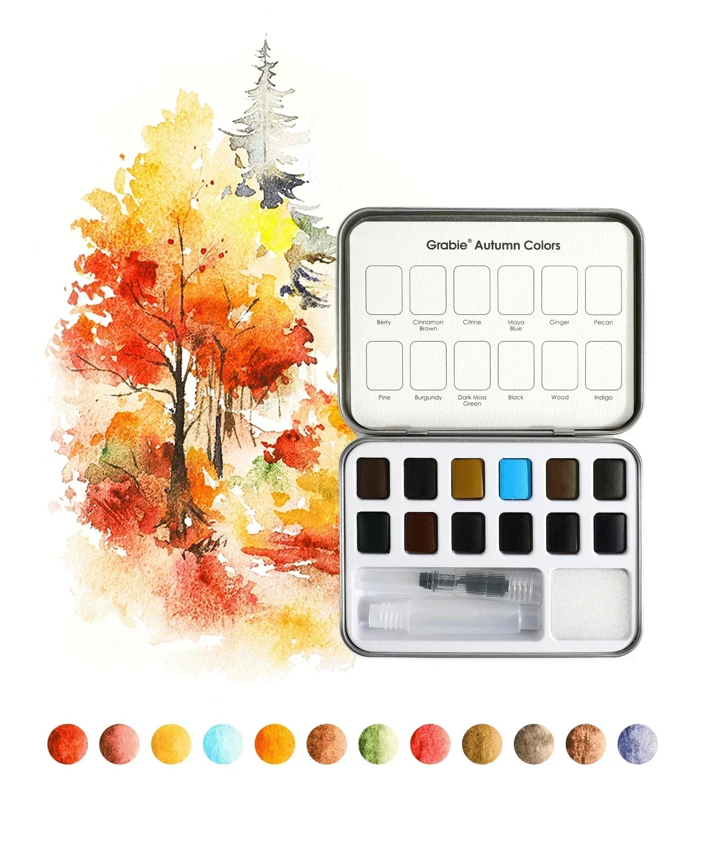 Watercolor Pocket Set Of 12 With Brush - 5 Themes Value Bundle featuring autumn colors and compact paint palette with brush