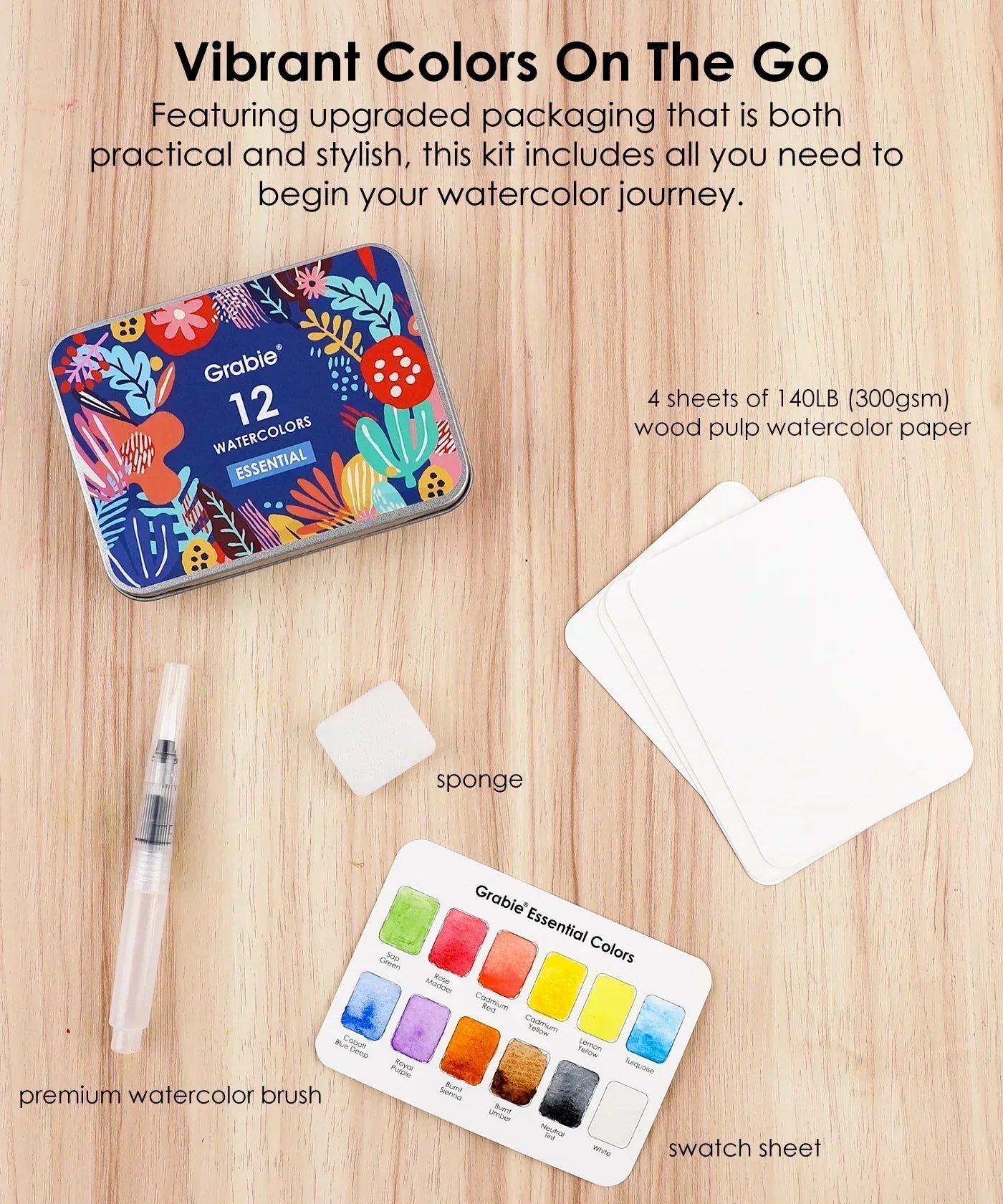Watercolor Pocket Set Of 12 With Brush - 5 Themes Value Bundle with brush, sponge, swatch sheet, and watercolor paper sheets