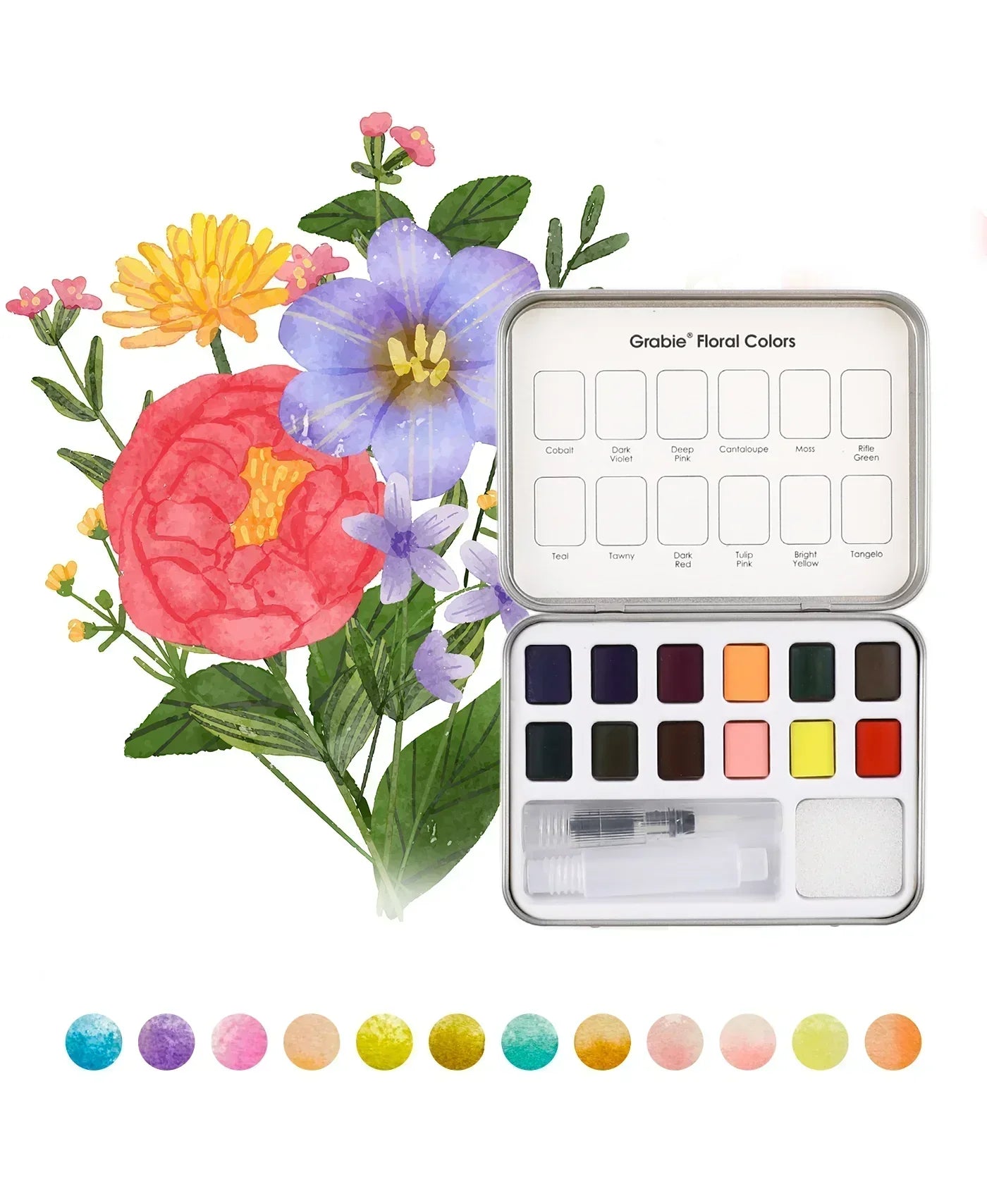 Watercolor Pocket Set Of 12 With Brush - 5 Themes Value Bundle with floral colors and brush for creative art projects