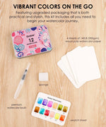 Floral-Themed Watercolor Coloring Club Box with watercolor brush, sponge, swatch sheet, and watercolor paper sheets on wood surface
